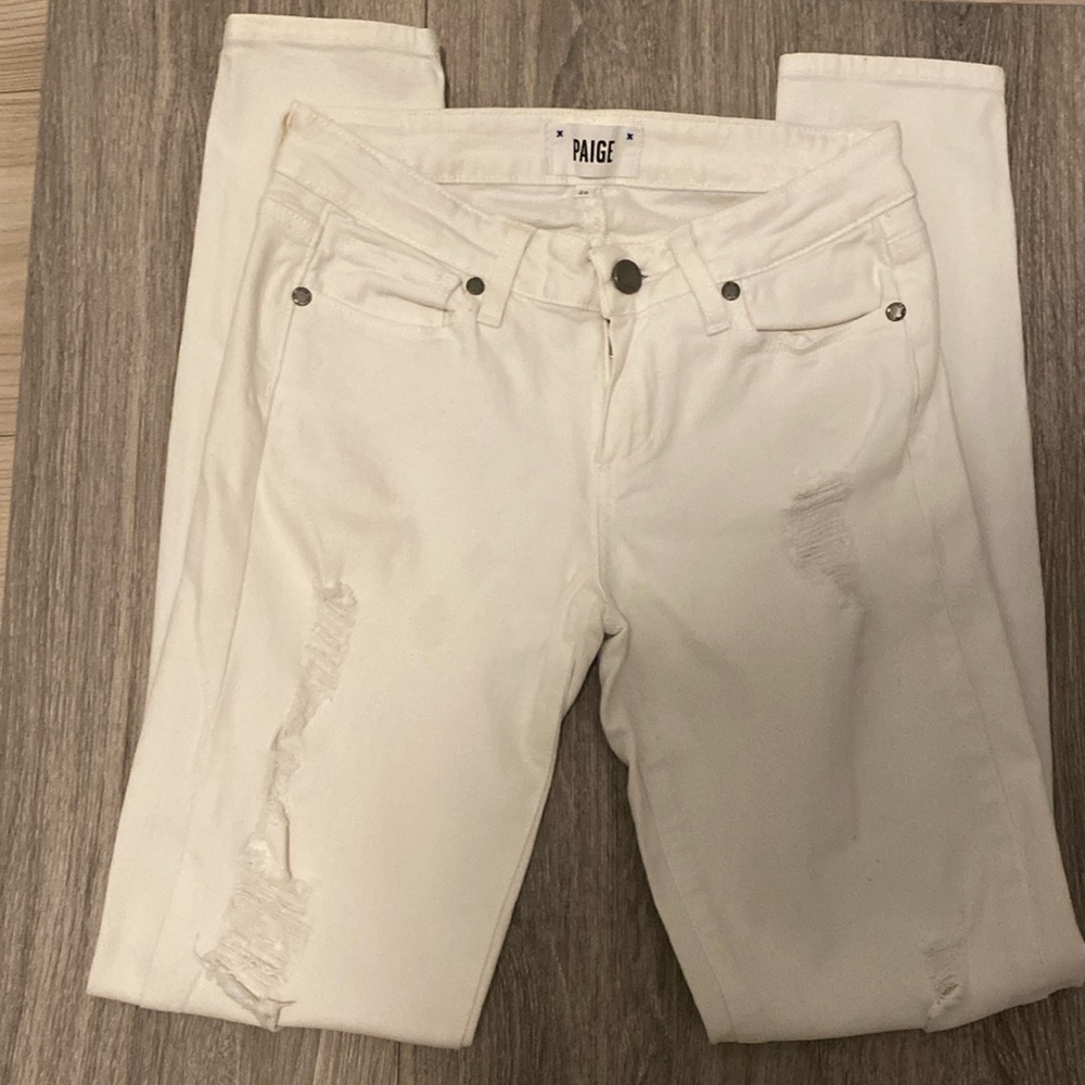Paige Women's Jeans Verdugo Low Ultra Skinny Rise Destructed White Denim Size 26